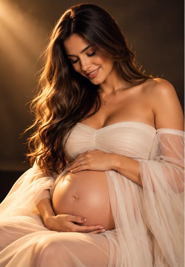 Gestante com vestido delicado em luz dourada