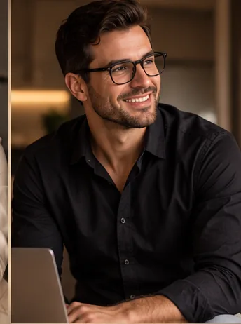 Retrato de homem com camisa preta em ambiente de trabalho